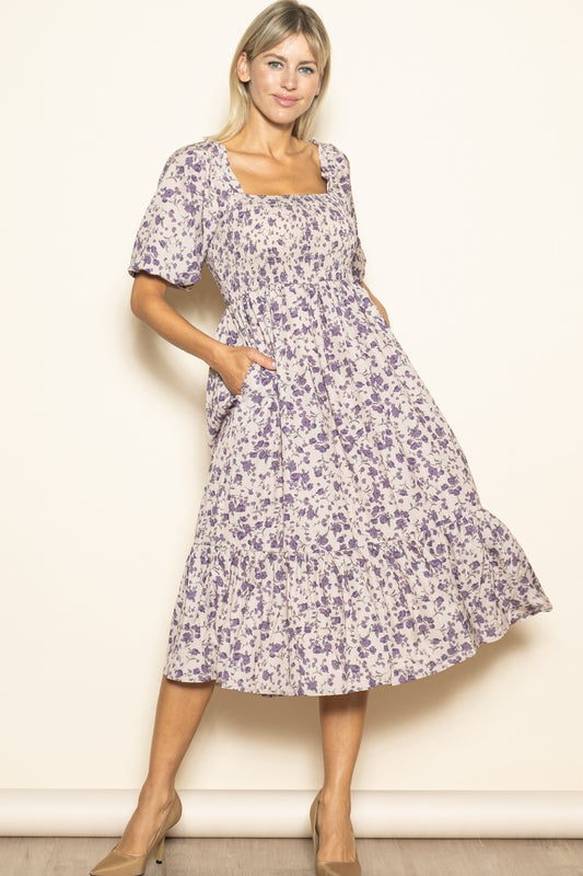 FLORAL PRINT SQUARE NECK MIDI DRESS