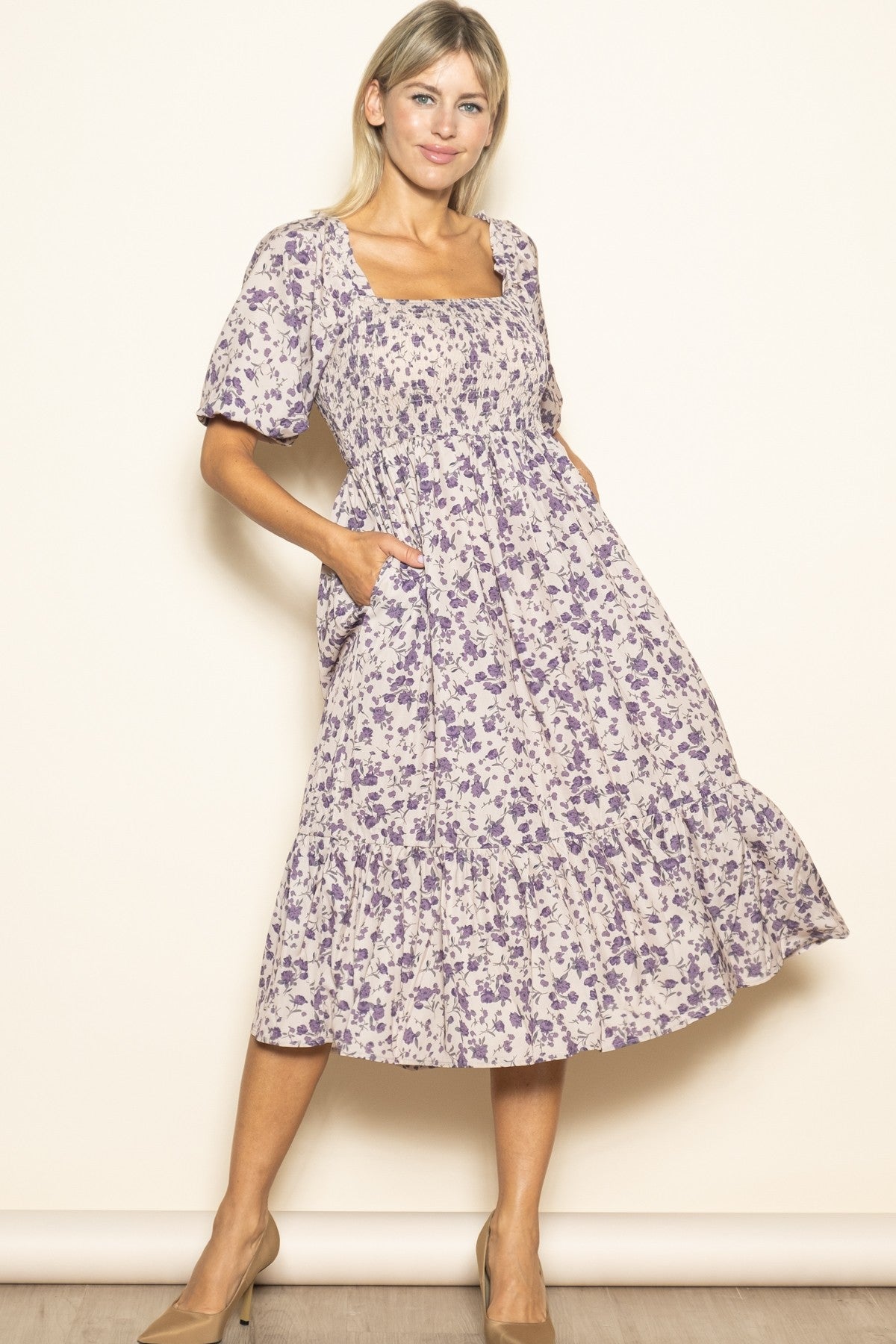 FLORAL PRINT SQUARE NECK MIDI DRESS